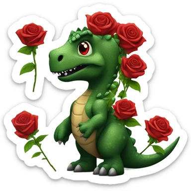 Dinosaur holding bouquet of red roses sticker