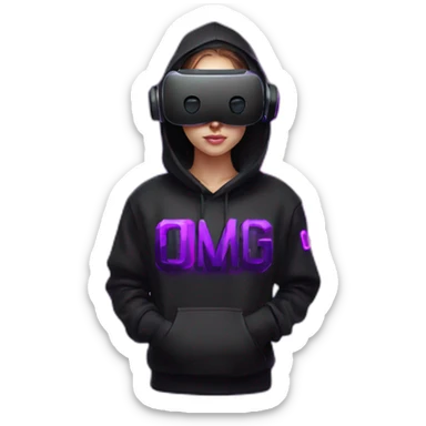 Russian student wearing black hoody with violet letters "OMG", in vr headset. Cyberpunk style. Violet neon. sticker