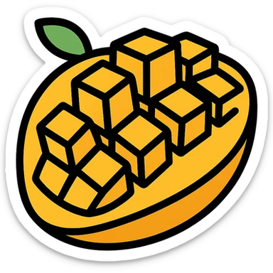 flat vector icon of a sliced mango, showing cube-cut surface with square mango chunks raised outward, minimal style, bright yellow-orange, no face, isolated, no background sticker