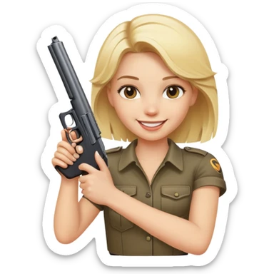 blonde girl smiling holding a gun sticker
