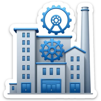 "A minimalist vector icon of a modern manufacturing factory building with a gear symbol above it. Blue and grey color scheme, flat design, white background, simple thick lines, professional business logo style." sticker