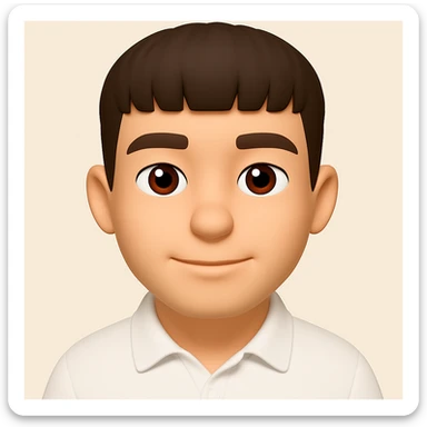 make this character look a little bit older, with a more neutral or slightly positive expression (not sad), and wearing a white shirt, keep 3d-emoji style sticker