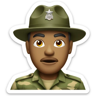 drill sergeant character wearing a classic sergeant hat and a camouflage army shirt. The character should have an angry intense expression. full torso sticker