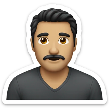dark hair dark eyes man with short mustache with yorkie sticker