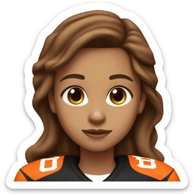 Girl with long brown hair, light skin, wearing orange and black Bengals football jersey sticker