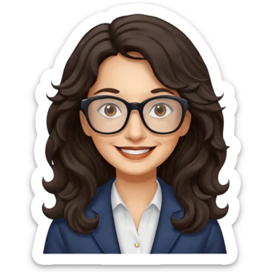 woman 60 long dark weavy hair, brown eyes rectangle dark glasses sticker