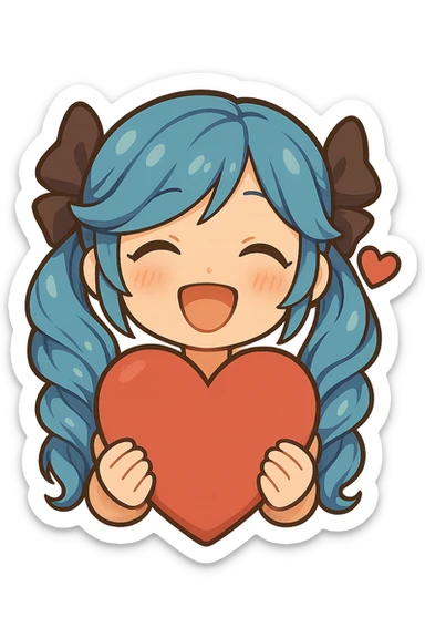 Make the heart much bigger and have Gwen's chibi hands holding the heart, keep happy expression, only head and hands visible. Variation 4. The style should be consistent with the original image. sticker