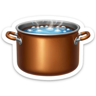 brown small metal pot filled with boiling water on a stove, visible hot steam and rising bubbles, realistic heat effect, shiny pot surface, bright lighting, clean white background sticker