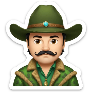 jack black haired cowboy in green fur coat with black hat sticker