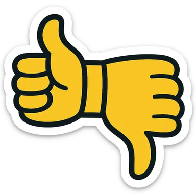 Create a cartoon hand with two thumbs, one thumb up and one thumb down, all in yellow color, on a transparent background, in a playful style. sticker