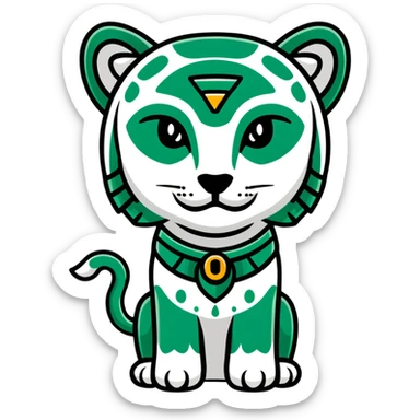 Maya sacred jaguar messenger - important message, perfect geometric lines like hieroglyphics, ONLY white and deep green colors, no other colors, flat design sticker
