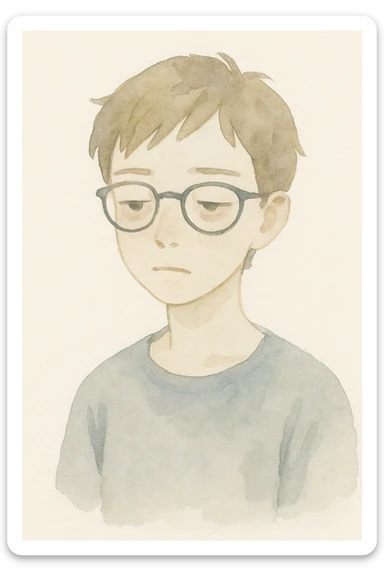 short-haired girl with a boyish style, tired face, wearing glasses, watercolor painting style sticker