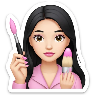 Pink Nail Tech with black long hair holding small acrylic brush sticker
