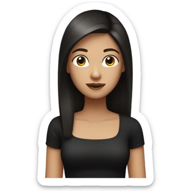 Make a girl with light skin and dark brown straight hair and a black square neck top emoji style sticker