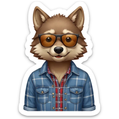 head and shoulders friendly brown-furred anthropomorphised wolf in plaid shirt and jeans, wearing dark sunglasses, relaxed pose sticker