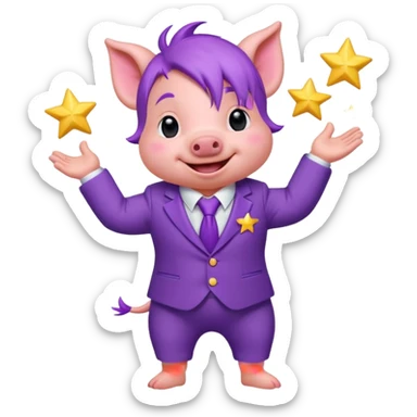 Sticker, a small cute funny purple piglet with purple hair, wearing a purple suit decorated with stars, ((cheerful, laugh)), surrounded by white outline, on transparent background sticker