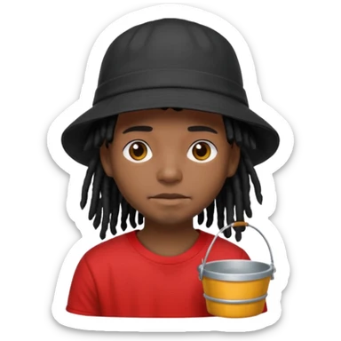 dark brown skin, black hair dreadlocks, wear red t-shirt, black bucket hat sticker