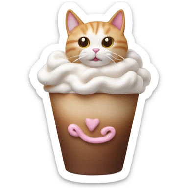 Cat made out of latte foam curled up inside of an mocha in an pink cup with a bow  sticker