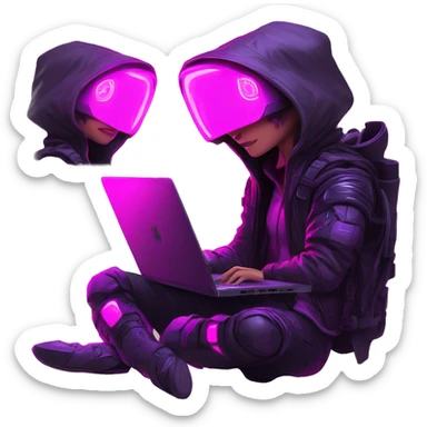 developer behind his laptop with this style : crysis Cyberpunk Valorant neon glowing bright pink girl character dark pink purple black hooded assassin themed character sticker