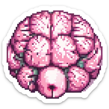 Make this pink melting brain icon more 3D with enhanced depth, shading, and highlights. Keep it fully front facing with pixel art accents. Background transparent. sticker