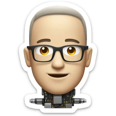 Cyborg head with fair skin, flat top haircut, rectangular glasses, circuits and smiling  sticker