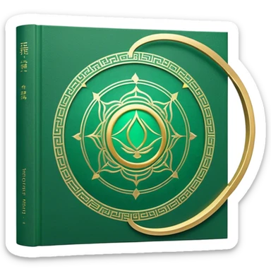 A soft emerald green book front cover with golden details, featuring a Zen circle, a ray of light, or a lotus on the cover, radiating presence, tranquility, and spiritual awakening sticker