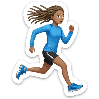 Running girl, lightdark skin dreadlocks ￼and in a Bright blue Long sleep and black shorts and running shoes and sweat drops falling off of her sticker