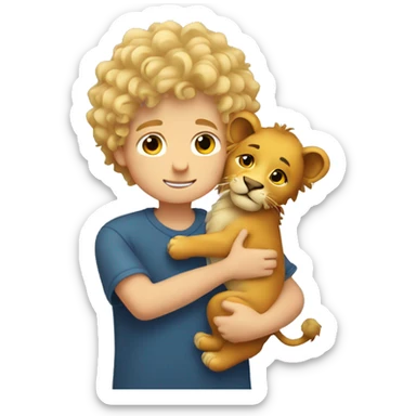 curly short hair blonde boy hugging a lion sticker