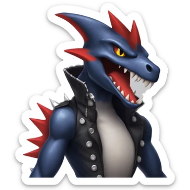 Black, Modern, Cool, Edgy, Badass Punk-style Garchomp-Charmeleon-Sergal Fakémon-Digimon with sharp edgy striking detailed stripe-markings,  full body sticker