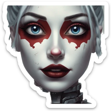 Cyborg in Harley Quinn style, oil paint, mysterious eyes, intricate lips, masterpiece portrait, odd perspective, beautiful, desirable, logical sticker