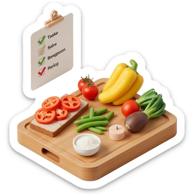 Ingredients on teh wooden cutting board with floating list with check box sticker