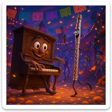 (Style film coco de pixar ) un piano au royaume des mort danse avec une flûte  sticker