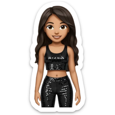 Aaliyah with long dark brown hair, black sequin crop top, black sequin pants sticker