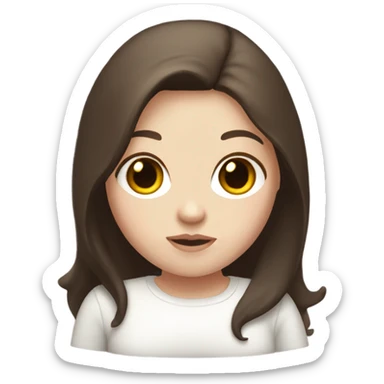 White girl with dark brown long hair, chubby, with a white top sticker