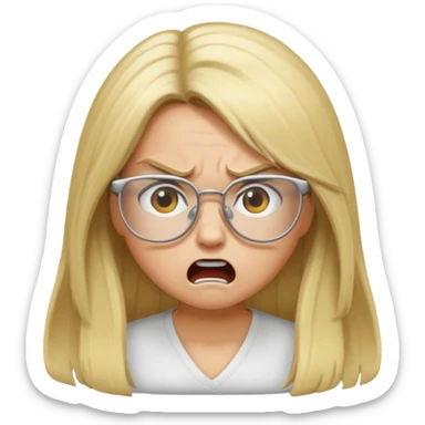 blonde girl with long hair, white glasses, angry sticker