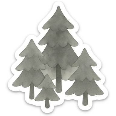illustration of evergreen trees in Scandinavian folk art style, dark neutral forest color tones, watercolor texture with outlines, transparent background, suitable for favicon sticker
