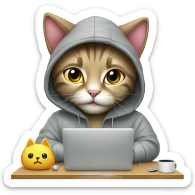 cat is a graphic designer in a hoodie and headphones, working at a computer in photoshop sticker