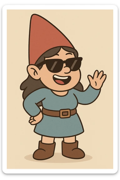 female gnome with sunglasses, cartoon style, cheerful vibe sticker