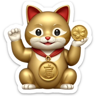 maneki neko, gold color, holding a koban coin sticker