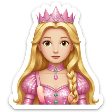Glinda from The Wizard of Oz with long golden blonde hair, pink sequin outfit sticker