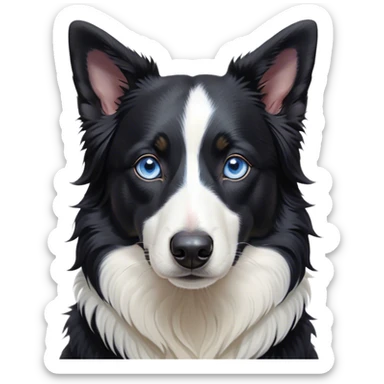 Cinematic Noble Black and White Border Collie Portrait Emoji, Poised and regal, with a lean, athletic build and a sleek, well-groomed black and white coat, piercing blue eyes, Simplified yet sharp and sophisticated features, highly detailed, glowing with a soft, dignified glow, high shine, intelligent and agile, stylized with an air of precision, focused and attentive, soft glowing outline, capturing the essence of a watchful and determined herder, so majestic it feels as though it could sprint out of the screen with effortless authority! sticker