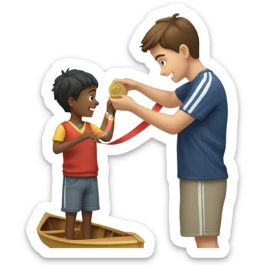 boy puts medal on his boat sticker