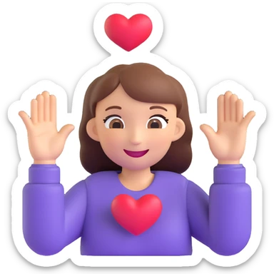 Transform the smiling face with two hands gesturing a heart into a 3D emoji style, preserving the cute expression and proportions, with no background. sticker