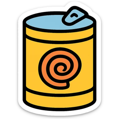 minimalist icon of canned pasta, simple can with pasta swirl, flat colors, modern style, transparent background sticker