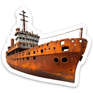 rusted ship wreck, heavily corroded metal hull, orange-brown rust textures, abandoned old ship, weathered surface, dramatic lighting, cinematic atmosphere, 3D cartoon style, mobile game environment art, clean composition, no people, no text, no watermark
 sticker
