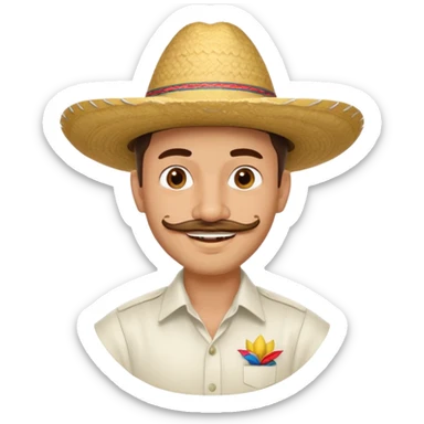 A happy, light skinned, Colombian man, with a small not connected mustache, a small gotee, wearing a Colombian Sombrero Voltiao, and wearing a white dress shirt sticker