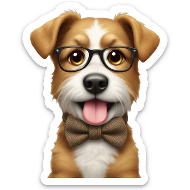 
The dog is small and fluffy, wearing a tweed vest, striped tie, and round glasses, giving it a playful, intelligent look. Its bright eyes and joyful expression, with its tongue sticking out, add to its cheerful charm sticker