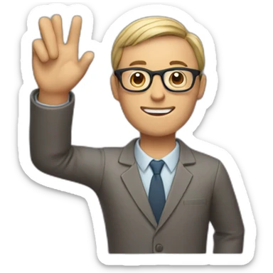 man wearing glasses and holding a computer in his right hand and signaling OK with his left hand sticker