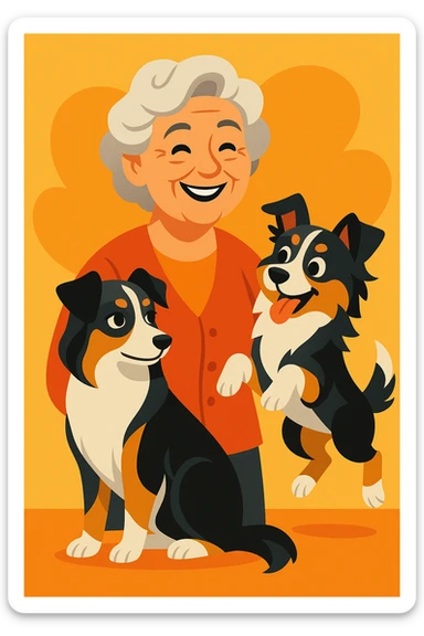 cheerful grey-haired woman accompanied by two mini Australian shepherds, one graceful female and one playful boyish male, both clearly characterized in a warm, friendly illustration sticker
