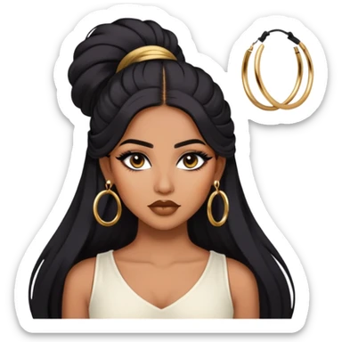 indian girl, brown skin, long black voluminous hair, brown underneath colored hair, baddie,pretty, makeup, lipliner, black eyeliner, gold hoop earrings, white top sticker